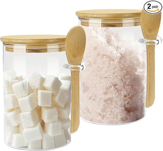 Glass Sugar Container with Spoon - 2 Pack 15oz Glass Jars with Bamboo Lid and Spoon, Bamboo Lid Storage Jar Containers for Coffee Beans, Spice, Brown Sugar, Tea, Flour, Nuts, Candy, Salts and More