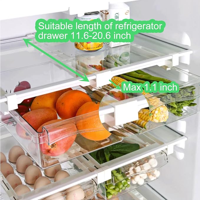 Yatmung 2 Pack Fridge Drawer Organizer - Egg Holder For Refrigerator Pull Out - Transparent Deli Drawer Organization Bin - Meat, Cheese - Sliding Storage Containers for Fridge Shelf Under 1.1"