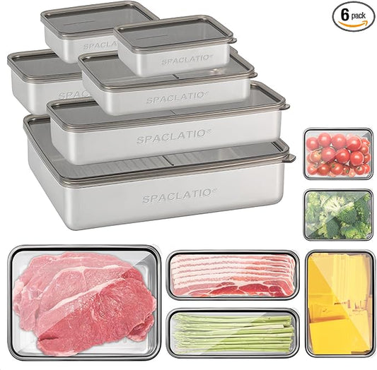 6 Pack Bacon Cheese Container for Refrigerator, 304 Stainless Steel Airtight Deli Meat Storage Containers with Lids for Fridge, Dishwasher Safe Food Organizers for Fridge 4 Size Container Sets
