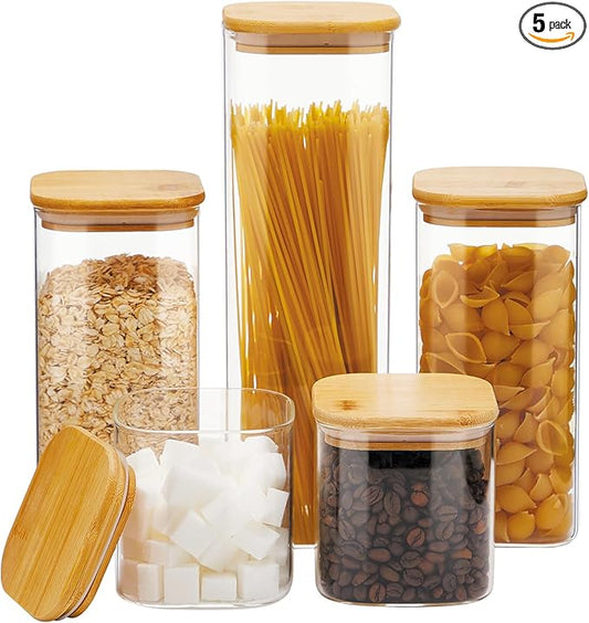 Square Glass Food Storage Jars with Lids[Set of 5], Perfect for Pasta, Cookies, Nuts, Coffee, Cereal, Flour,Organize Your Kitchen and Pantry with these BPA-Free Glass Jars with Canisters