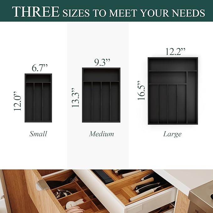 Bamboo Silverware Organizer, Kitchen Drawer Organizer, Utensil Holder, Cutlery Tray & Spoon Flatware Storage with Grooved Drawer Dividers ((7 Slots, Black)