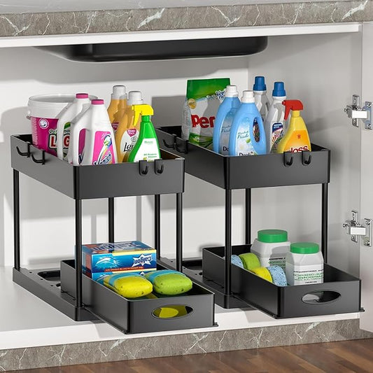 2 Pack Under Sink Organizers and Storage Bathroom, 2 Tier Under Sliding Kicthen Cabinet Basket Organizer with Hooks, Hanging Cup, Dividers, Handles, Multi-purpose Under Sink Shelf Organizer