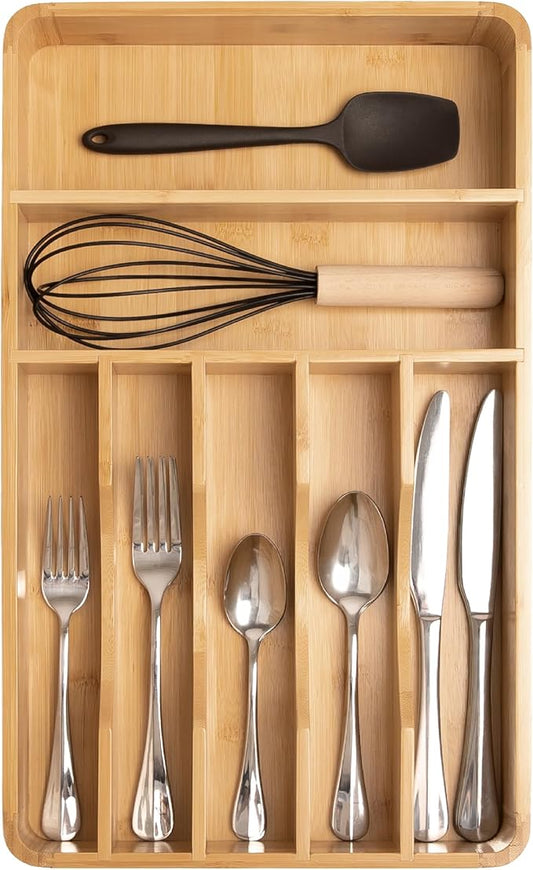 Silverware Organizer - Cutlery, Flatware, and Utensil Holder for Kitchen Drawers, Fixed 10.5” Width, 7 Storage Compartments, Non-Slip Feet, Rounded Corners, 100% Bamboo