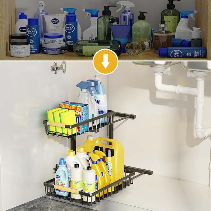 Miyawell Under Sink Organizer and Storage, 2-Tier Pull Out Cabinet Organizers Shelf, Metal Sliding Drawers Shelves for Kitchen Bathroom Closet Organization