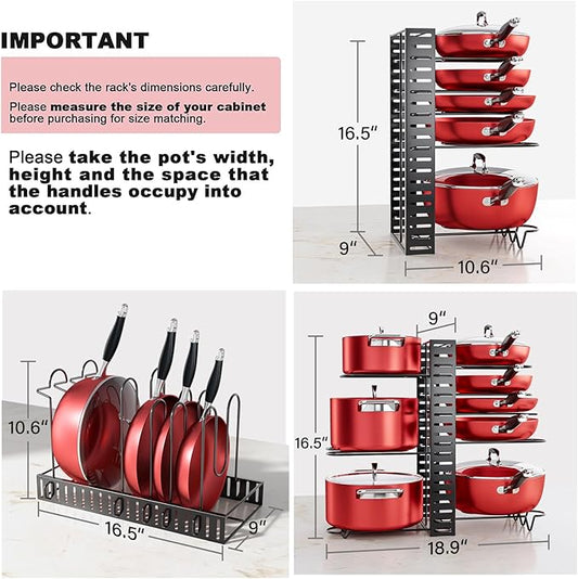 MUDEELA Pots and Pans Organizer for Cabinet 8-Tier Pan Organizer Rack for Cabinet with 3 DIY Methods, Adjustable Pot Organizer Rack for Kitchen Organization & Storage, Cabinet Organizer