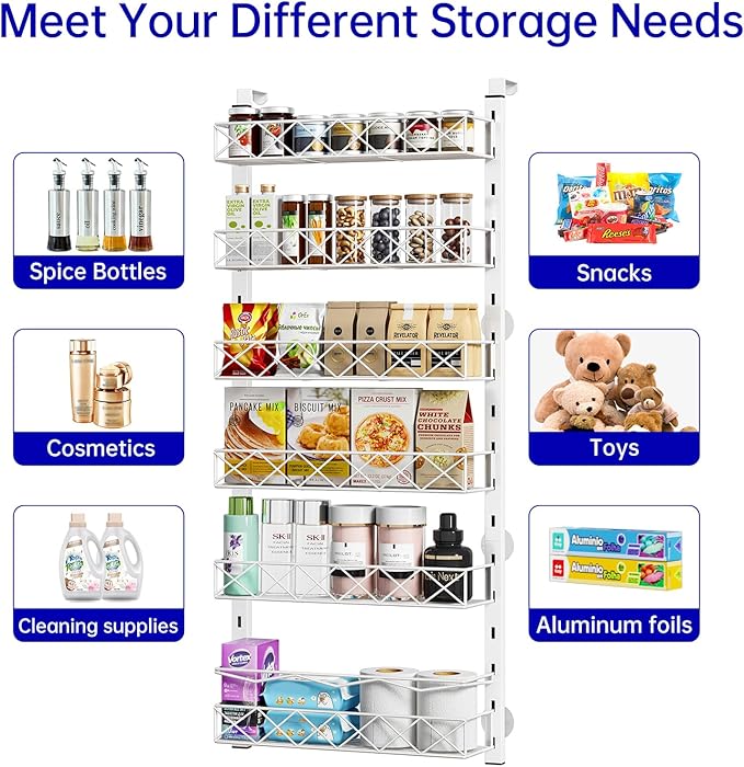 Over the Door Organizer, White 6-Tier Pantry Door Organizer with Adjustable Basket, Hanging Spice Rack Cabinet Door Shelves, Laundry Room Organization and Storage