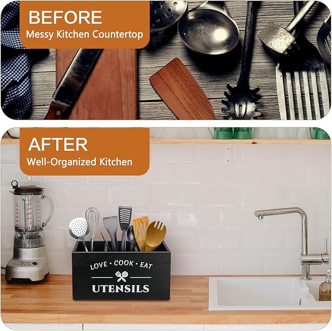 Kitchen Utensil Holder with 3 Compartments, Rustic Wooden Storage Organizer Box Vintage Cutlery Farmhouse Flatware Utensil Caddy Countertop for Silverware Fork Spoon Spatula