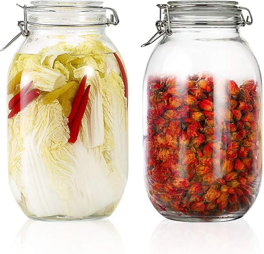 100oz/3000ml Glass Kitchen Storage Canister, Sealed Glass Jars with Lids, Airtight Glass Canister with Hinged Lid, Perfect for Kitchen Canning Cereal/Pasta/Sugar/Beans -Set of 2