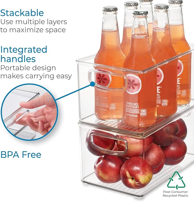 iDesign Plastic Fridge and Freezer Organizer Bin with Integrated Handles – 10” x 5” x 6”, Clear (Pack of 4)