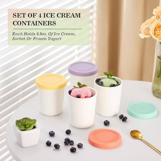 Set of 4 Ice Cream Containers for Homemade Ice Cream（6.8oz. Each），Reusable Plastic Storage Containers Cups with Lids for Freezer，Stackable Storage Container for Gelato，Yogurt, Sorbet