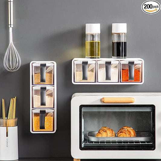 3-Grids Seasoning Box with Tray, Salt Container, Hanging Wall Spice Rack, Kitchen Spice Pot with Spoon, Salt Pepper Sugar Storage Container Jar Cruet for Counter, White