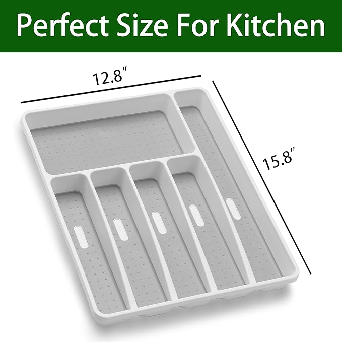 Silverware Organizer Utensil Organizer Holder Kitchen Drawer Organizer Plastic Silverware Tray for Drawer Flatware Organizer 6 Compartment White