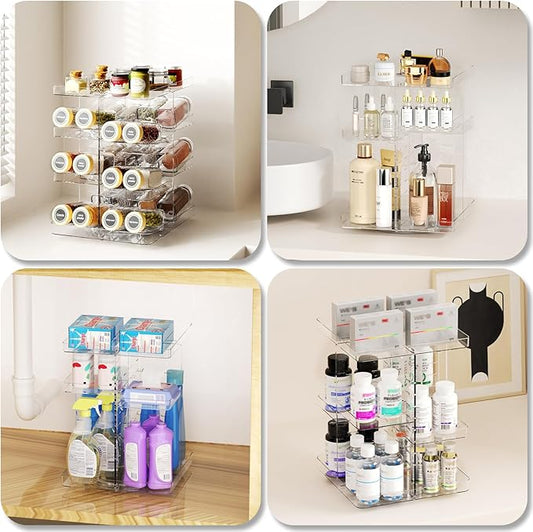 Revolving Spice Rack Organizer for Cabinet, DIY Adjustable 8 Tier Clear Rotating Spice Shelf Countertop, Space Saving Lazy Susan Seasoning Organizer for Kitchen, Pantry Cupboard Storage Turntable