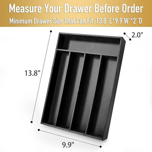 Silverware Organizer Bamboo Kitchen Drawer Organizer Utensil Organizer Silverware Holder Cutlery Organizer in drawer Flatware Organizer Tray (Black 5 Slots)