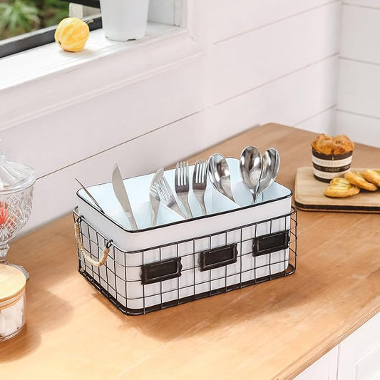 NIKKY HOME Farmhouse Utensil Caddy for Parties, Flatware Holder for Countertop, Rustic Metal Silverware Cutlery Caddy for Kitchen, Dining, Outdoors, Picnics, Parties - White