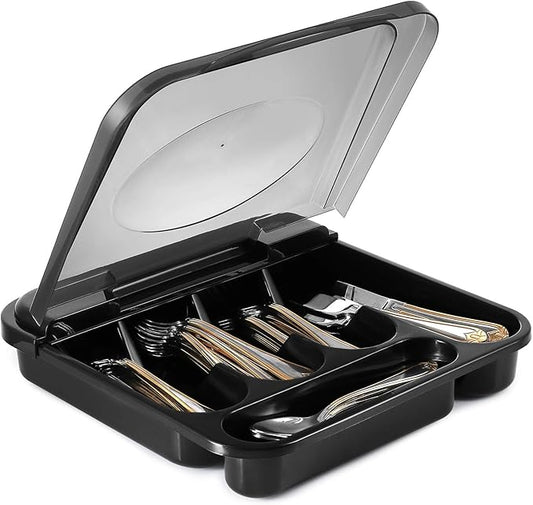 Flatware Plastic Tray with Hinged Lid, Kitchen Cutlery and Utensil Holder Organizer, 5 Compartment Silverware Storage Bin with Attached Cover Top
