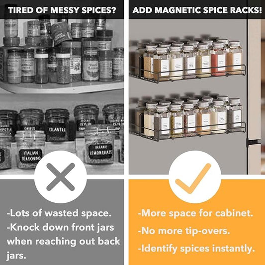 SpaceAid 2 Pack Magnetic Spice Rack with 24 Spice Jars, 400 Labels and Funnel, Space Saving Refrigerator Fridge Oven Shelf Organizer