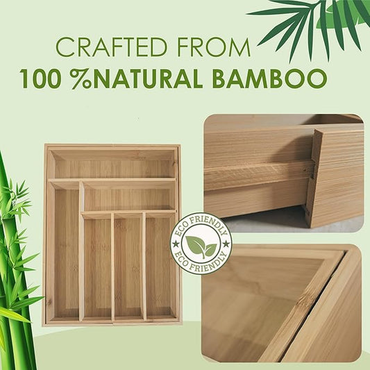 Bamboo Silverware Drawer Organizer with 7-Piece Bamboo Spoons for Cooking Set Non Toxic | Adjustable Drawer Tray & Eco-Friendly| bamboo Kitchen Organizer and Cooking Utensils