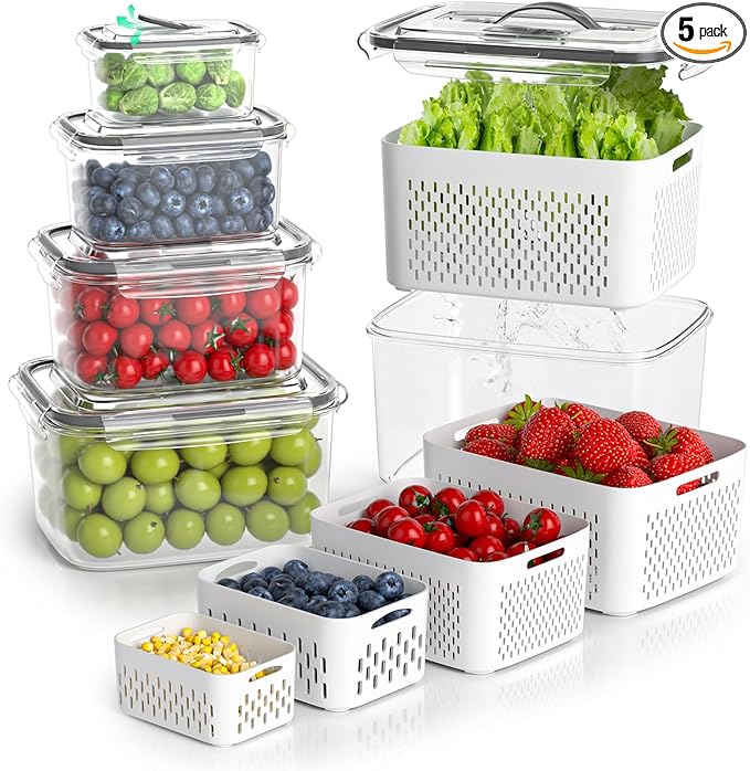 Fruit Storage Containers for Fridge - 5 Size Berry Containers for Fridge Keep Fresh with Colanders and Vent Handle Lids, Clear Vegetable Storage Containers for Refrigerator, Lettuce Keeper