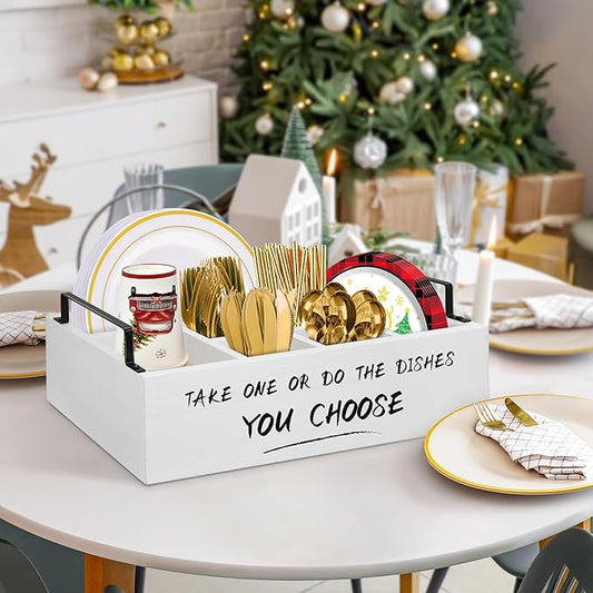 Ameuphercy Wood Paper Plate Holders for Kitchen Counter,Paper Plate Dispenser for Countertop, Rustic Silverware Utensil Caddy for Party,Wooden Plate Organizer Box for Cups Spoons and Forks