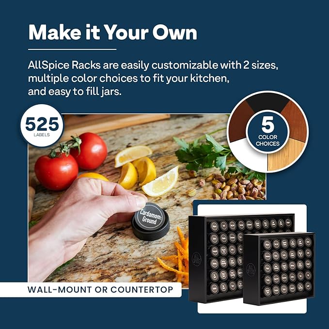 AllSpice Wood Spice Rack Organizer, 525 Unique Labels, Countertop or Wall Mount, Includes 60 4oz Jars- Matte Black