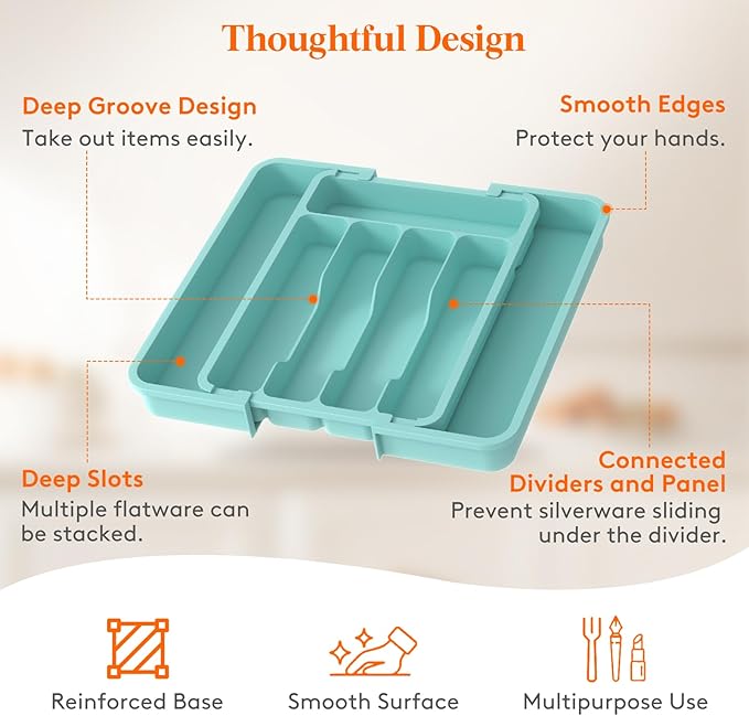 Lifewit Silverware Drawer Organizer, Expandable BPA Free Utensil Tray for Kitchen, Adjustable Flatware and Cutlery Holder for Spoons Forks Knives, Plastic Kitchen Organizers and Storage, Turquoise