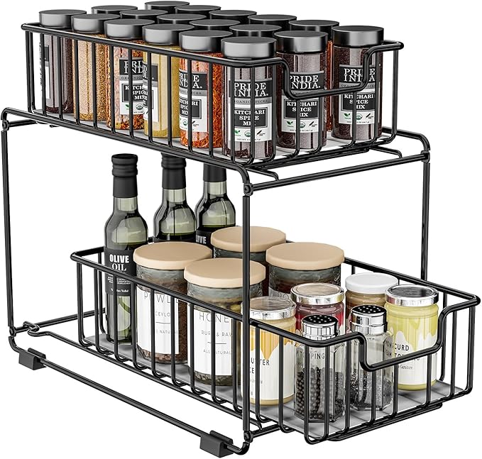 Under Sink Storage Spice Rack Organizer for Cabinet, Heavy Duty Metal Kichen Organizer with Slide Drawer, Black