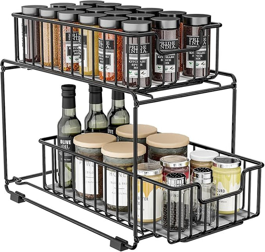 Under Sink Storage Spice Rack Organizer for Cabinet, Heavy Duty Metal Kichen Organizer with Slide Drawer, Black