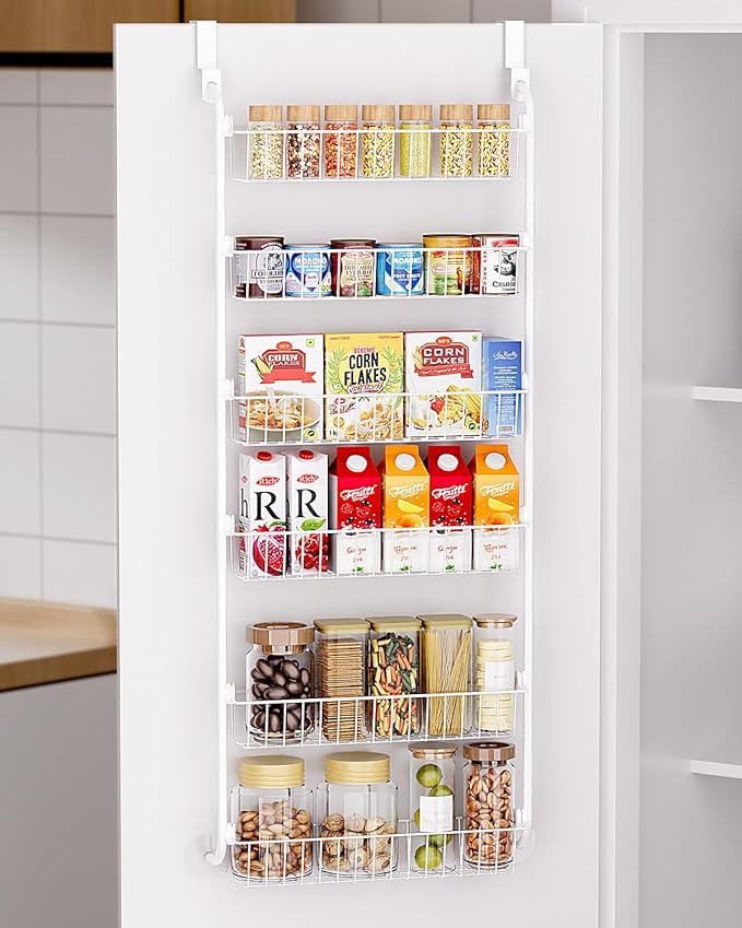 LAMU Over The Door Pantry Organizers and Storage, 6-Tier Hanging Spice Rack, Home & Kitchen Storage Shelves for Cabinet, Large Capacity Seasoning Organizer, Laundry Room Organization, White