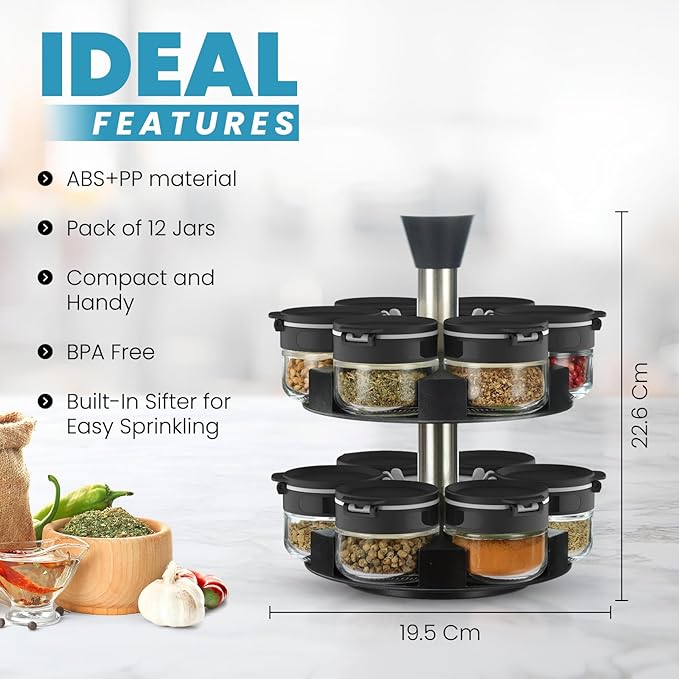 Black Rotating Spice Rack With Jars, Spinning Spice Rack For Countertop - Revolving Tower Organizer for Kitchen Seasonings - Kitchen Carousel Storage, Stainless Steel, 12 Jars