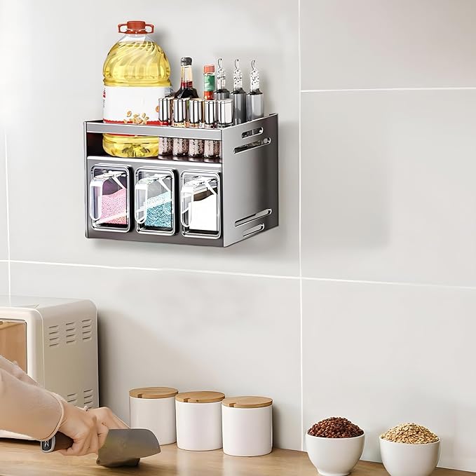 Kitchen Spice Rack, Kitchen Organizer and Storage Rack, Spice Organization for Cabinets Punch-free Wall/Countertop Home Decor Multifunctional Double Layer 3 Grid Condiment Rack, Gray