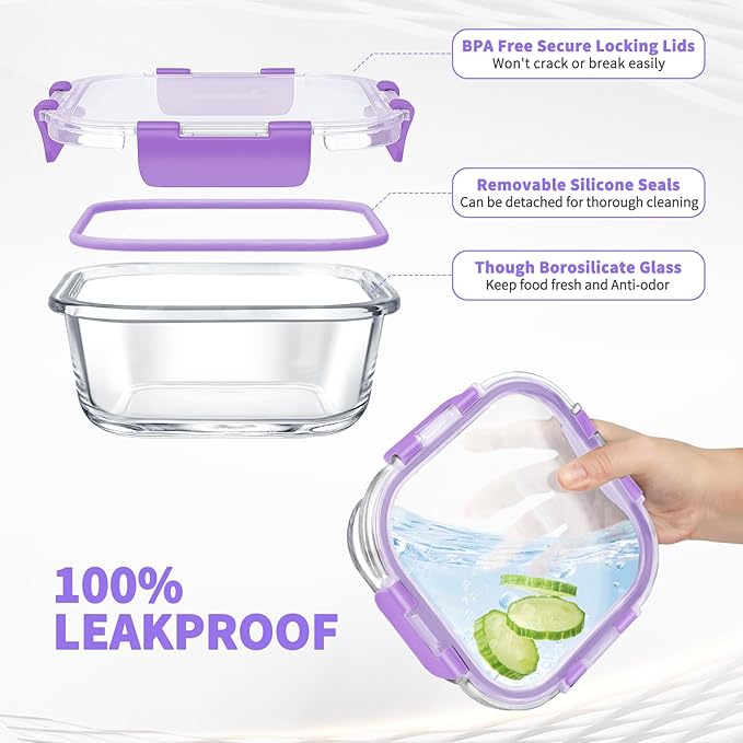 34pcs Glass Food Storage Containers with Lids Set, Airtight Glass Meal Prep Containers (17 Containers & 17 Lids), Leak Proof Lunch Containers BPA-Free, Microwave, Oven, Freezer, Dishwasher Safe-Purple