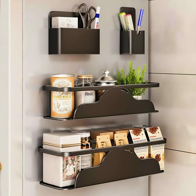 VOLPONE 4 Pack Magnetic Spice Rack for Refrigerator Metal Magnetic Shelf for Fridge and Magnetic Pen Holder Heavy Duty Fridge Magnet Organizer Black