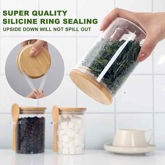 Sugar Jar Bath Salt Container – 17 oz Glass Jar with Bamboo Lid and Spoon, Sugar Cube Holder and Canister for Countertop, Glass Containers for Coffee Beans, Tea and Overnight Oats (4 Pack)
