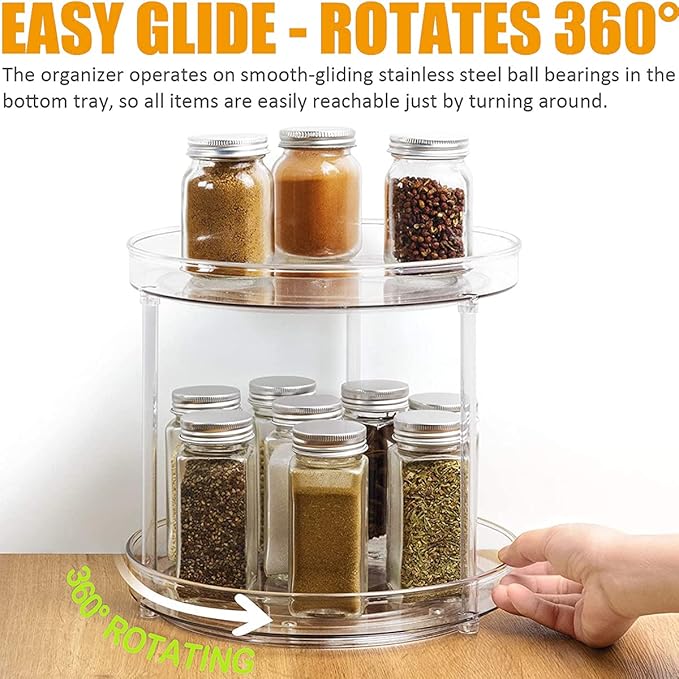 Lazy Susan Round Plastic Clear Rotating Turntable Organization Storage Container Bins for Cabinet Pantry Fridge Kitchen Vanity Spinning Organizer for Spices Condiments (2-Tire-1-Pack, 9 inch)