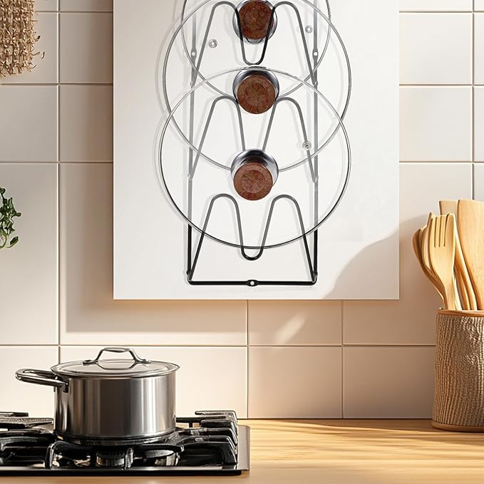 2 Pack Pot Lid Organizer, 6-Tier Pots & Pans Lid Holder Organizer for Cabinet or Wall/Door Kitchen Storage, No-Drill Adhesive Mount, Space-Saving Solution