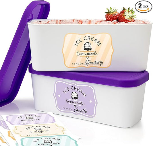Set of 2 Reusable Ice Cream Tub Containers 1.6 Quart Ea. - Perfect for Homemade Sorbet, Frozen Yogurt Or Gelato - Stackable Storage Containers, Stickers And Lids Stores Easily In Freezer