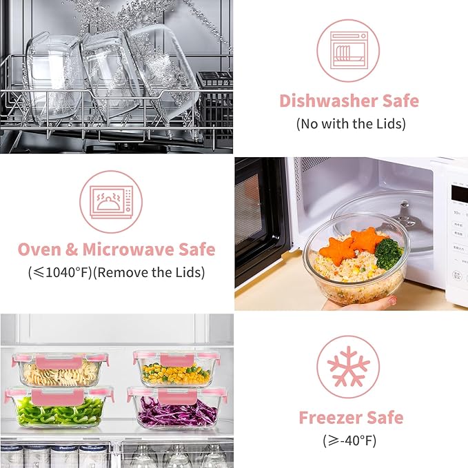 34pcs Glass Food Storage Containers with Lids Set, Airtight Glass Meal Prep Containers (17 Containers & 17 Lids), Leak Proof Lunch Containers BPA-Free, Microwave, Oven, Freezer, Dishwasher Safe-PINK
