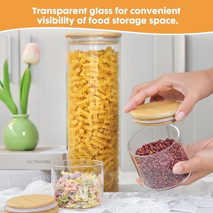 Glass Storage Jars 22oz [Set of 6],Clear Glass Food Storage Containers with Airtight Bamboo Lid Stackable Kitchen Canisters for Candy,Cookie,Rice,Sugar,Flour,Pasta,Nuts and Spice Jars