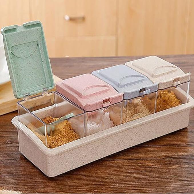 ZaoProteks Condiment Jar Spice Container with Lids and Spoons, Condiment Canisters Pots Seasoning Box Salt Container Sugar Bowl Set of 4 for Kitchen, Counter and Food Storage