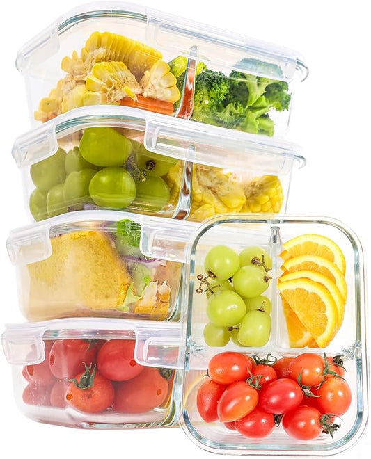 5 Pack 35 Oz Glass Storage Containers with Lids,Meal Prep Containers Reusable,3 Compartment Glass Meal Prep Containers, Food Storage and Portion Control - White