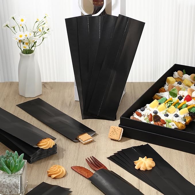 Geelin 500 Pcs Paper Silverware Bags 10" x 2-3/4" Kraft Utensils Sleeves for Restaurant Flatware Holder Unprinted Cutlery Bags Chopsticks Holder Christmas Wedding Party Tableware (Black)