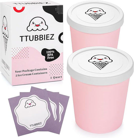 Ice Cream Containers (2 Pack - 1 Quart Each), Freezer Containers for Homemade Ice Cream Storage - Pink