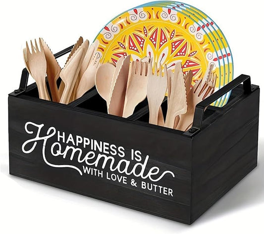 Utensil Caddy for Parties, Wood Silverware Caddy for Party, Paper Plate Caddy, for Kitchen Silverware Cups, Forks, Spoons, Plates, Napkins, for Kitchen Counter, Party, Camping, Picnic