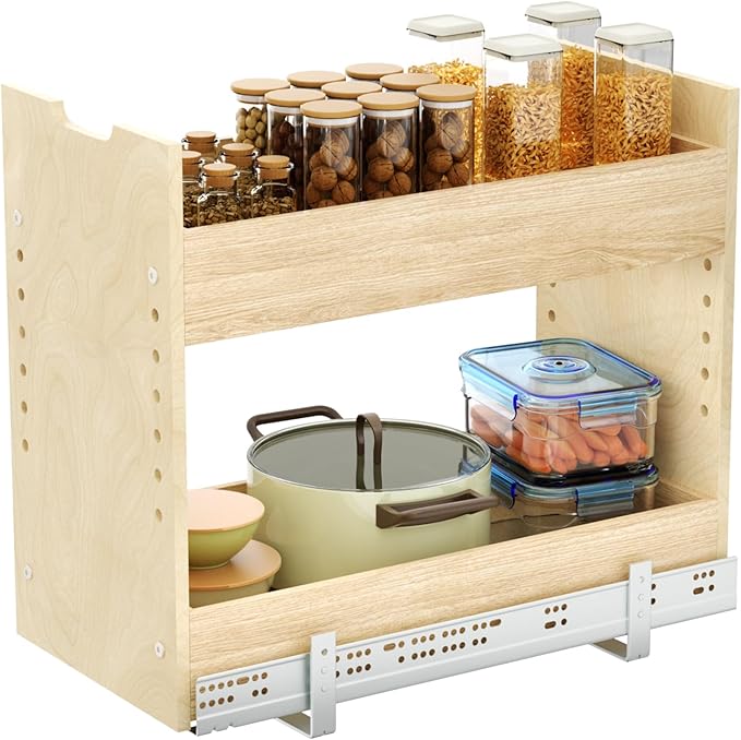 ROOMTEC Pull Out Cabinet Organizer with U Bracket,10½”W x 18½”H 2-Tier Adjustable Kitchen Spice Rack, Spice Rack Organizer for Narrow Cabinet Drawers Slide Out, Soft Close