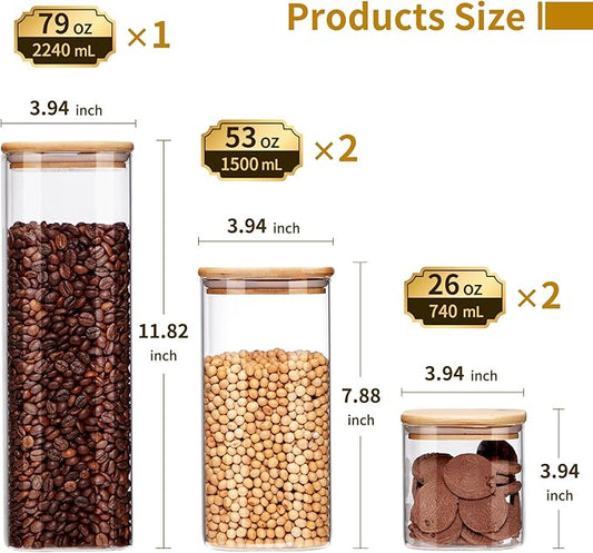 Square Glass Food Storage Jars with Lids[Set of 5], Perfect for Pasta, Cookies, Nuts, Coffee, Cereal, Flour,Organize Your Kitchen and Pantry with these BPA-Free Glass Jars with Canisters