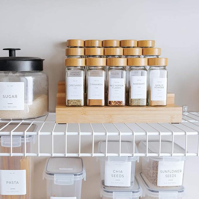 Expandable Spice Rack Organizer for Cabinet, 3-Tier Shelf for Spice Organization (11” to 22”), Fits 36 Spice Jars, Seasoning and Pantry Storage, Non-Slip Feet, 100% Bamboo Wood