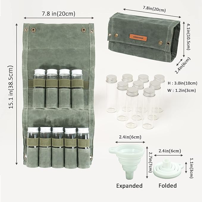 Camping Spice kit with 9 spice Jar,rope,Spice Labels Sticker,Silicone Collapsible Funnel, Canvas Travel Seasoning container, portable spice bag for travel (MILITARY GREEN)