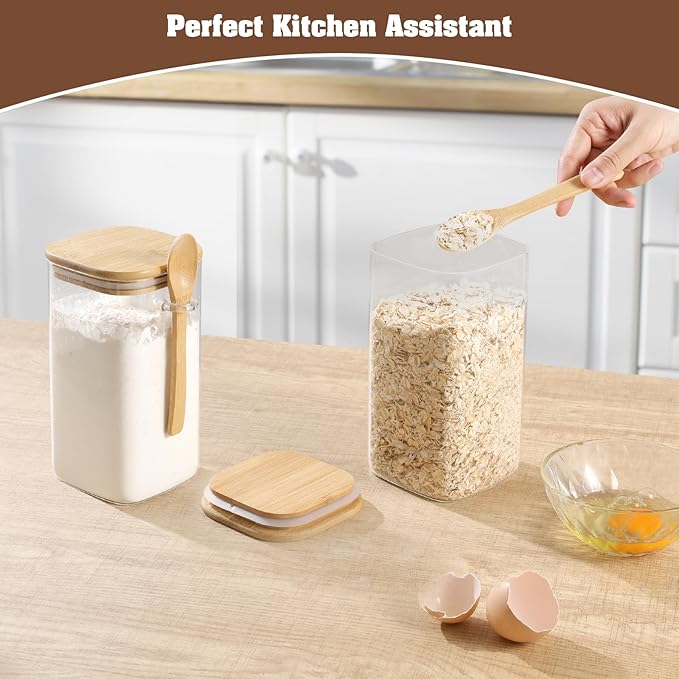 Glass Square Storage Jar with Bamboo Lids Spoons Glass Coffee Canister 40 Oz (1200 mL) Borosilicate Glass Food Container for Coffee Beans Nut Pasta Sugar Candy Spice Rice Loose Tea