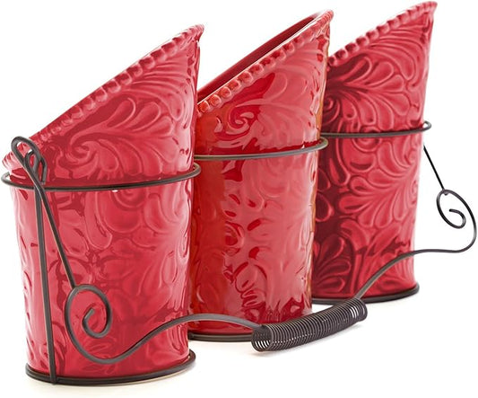 Kitchen Flatware Caddy - 3 Ceramic Utensil Holders (4" Dia x 7" H each) & 1 Wire Caddy - Red
